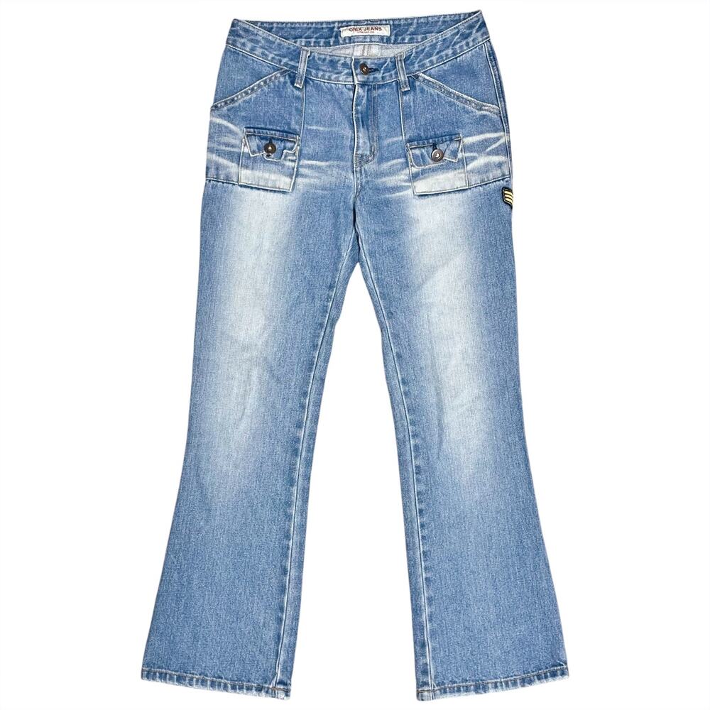 ORIX JEANS Vintage Flare Rigid Jeans w/ Button Pockets & Chevron Patch Size 26